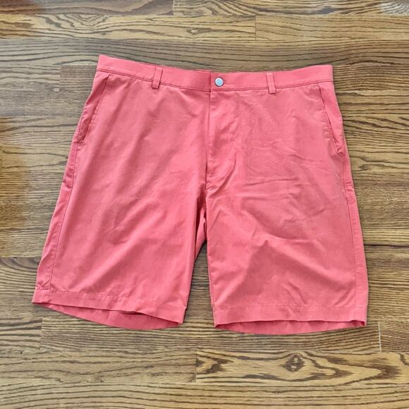 Peter Millar Shackleford Performance Hybrid Flat Front Chinos Shorts. Light Oran - Picture 1 of 7